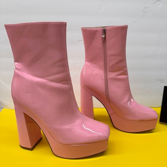 Pink Patent Leather Platform Boots Square Toe Block Heel Mid Calf Side Zip Shoes - Picture 2 of 10